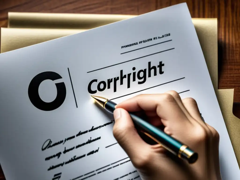 Detalle de mano firmando documento con símbolo de copyright, resaltando la importancia de la gestión derechos autor materiales didácticos