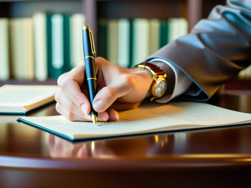 Detalle de mano firmando documentos legales con pluma, rodeada de libros de leyes y certificados, irradiando profesionalismo