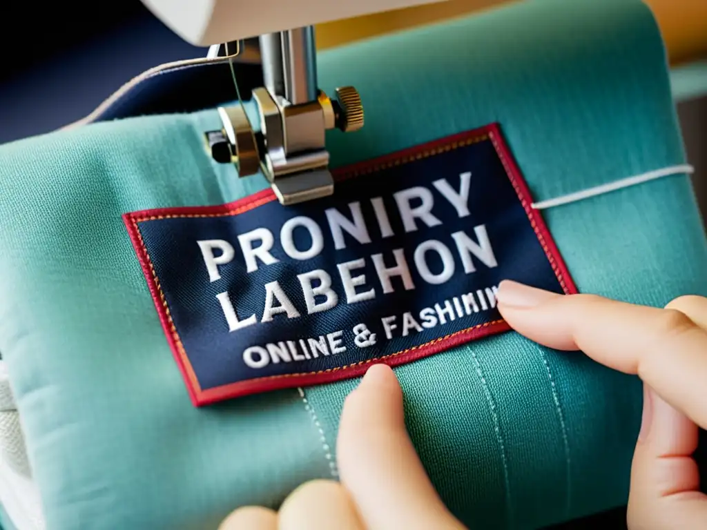 Detalle minucioso de etiqueta de ropa cosida en prenda de alta calidad, cumpliendo normativas etiquetas moda online con estilo contemporáneo