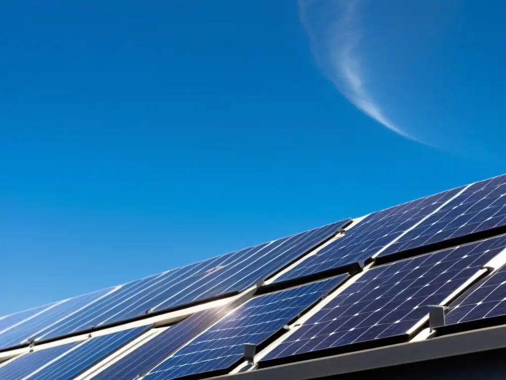 Detalle de panel solar de alta tecnología en contraste con cielo azul y nubes, destacando la importancia de patentes en tecnología solar