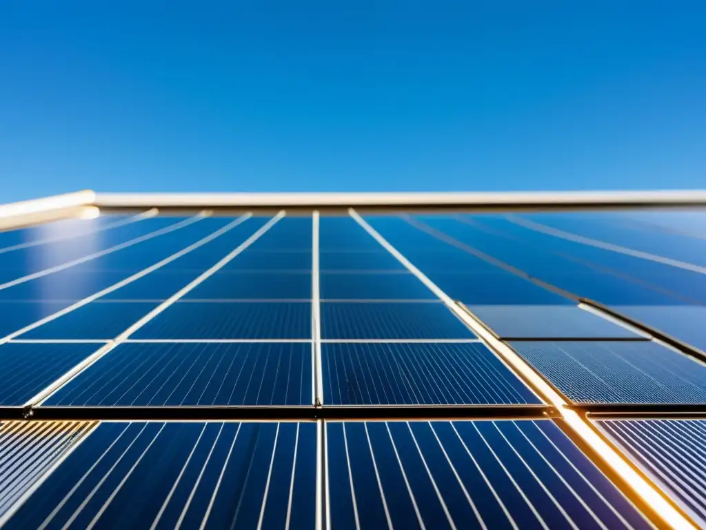 Detalle de un panel solar de última generación con células fotovoltaicas, sobre fondo de cielo azul