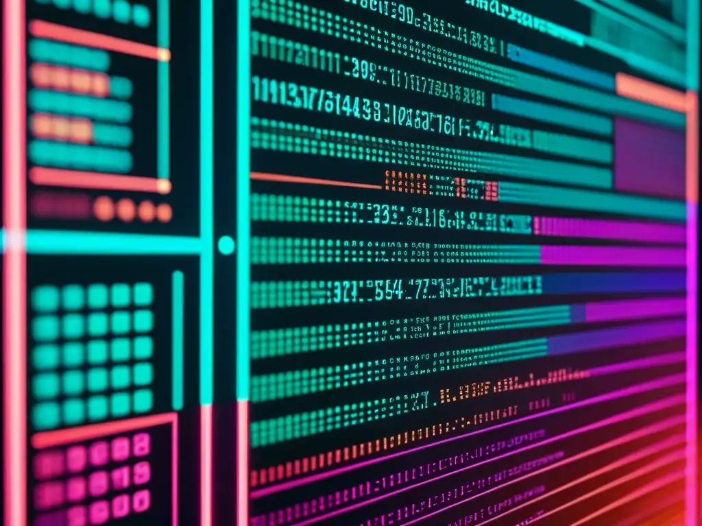 Detalle de pantalla con código de colores vibrantes y gráficos futuristas, muestra la complejidad de las patentes de software historia cambios