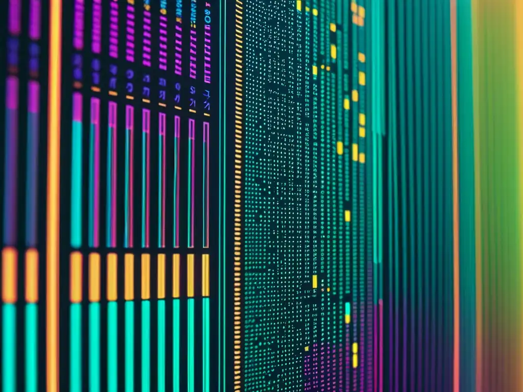 Detalle de pantalla de código futurista y colorido, representando patentar algoritmos de inteligencia artificial con sofisticación e innovación