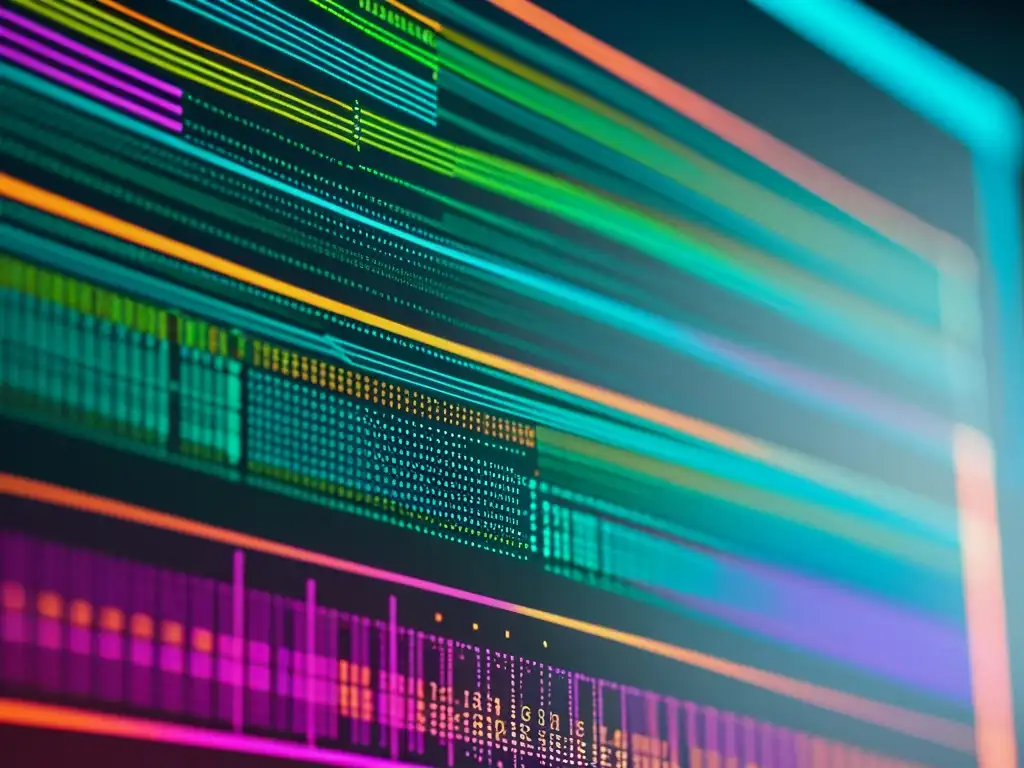 Detalle de pantalla de computadora con código en colores vibrantes, reflejando la complejidad y modernidad del desarrollo de software