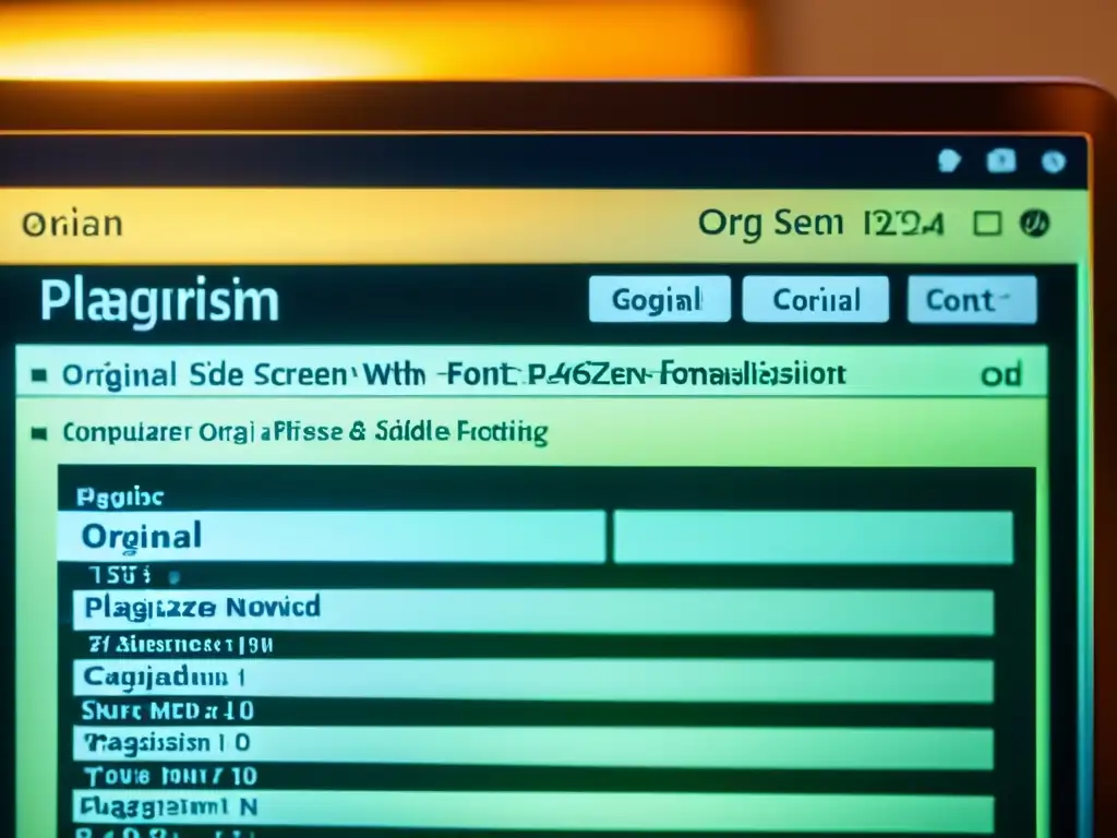 Detalle de pantalla de computadora mostrando comparación entre contenido original y plagio, resaltando diferencias sutiles