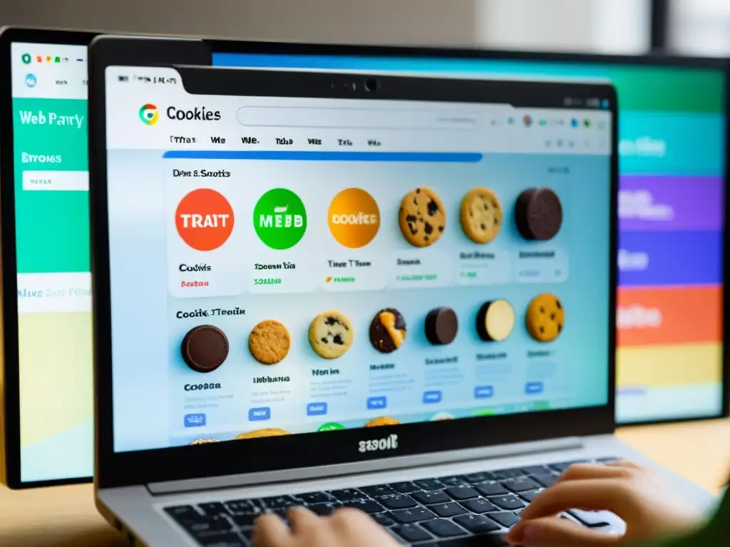 Detalle de pantalla de computadora mostrando cookies rastreadoras web, datos y privacidad en internet