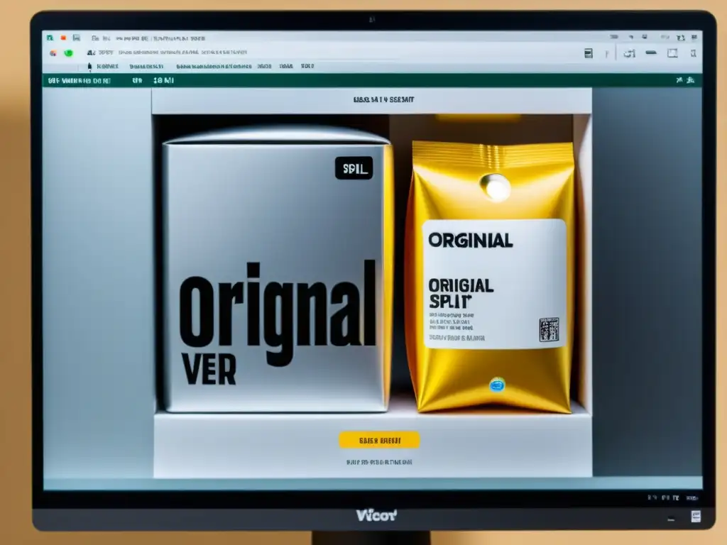 Detalle de pantalla de computadora muestra producto auténtico y su imitación
