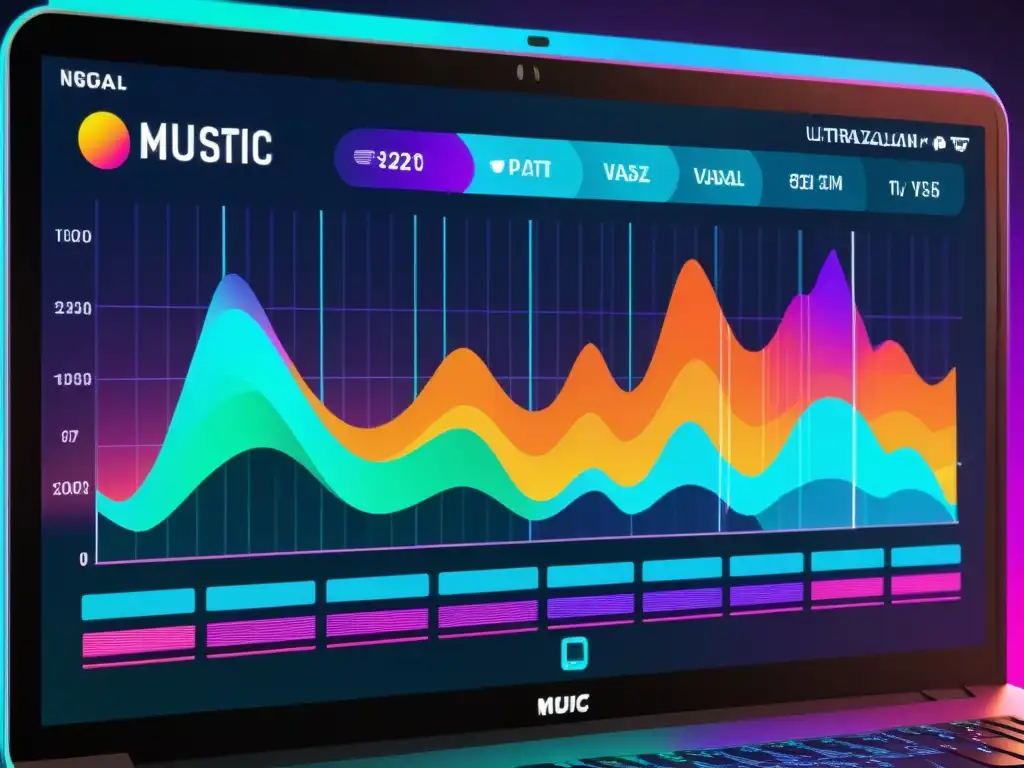 Detalle de pantalla de computadora con visualizaciones de datos de monitoreo uso música internet en gráficos dinámicos y coloridos