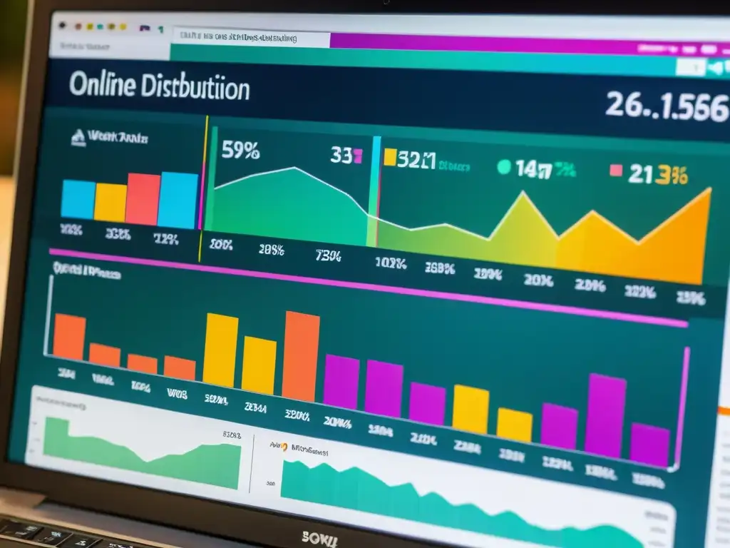 Detalle de pantalla con gráficos y estadísticas del monitoreo del uso de obras literarias en internet, vibrante y sofisticado