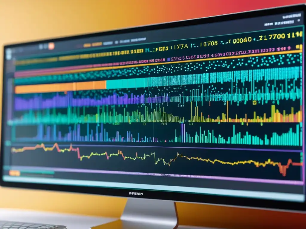 Detalle de pantalla de ordenador con código complejo y visualizaciones coloridas, evocando la modernidad del proceso de patentar software