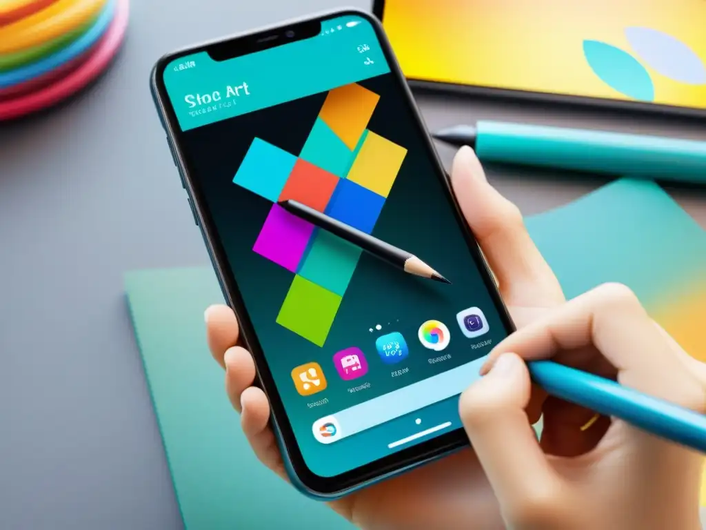 Detalle de pantalla de smartphone con app de arte digital, colores vibrantes y trazos detallados