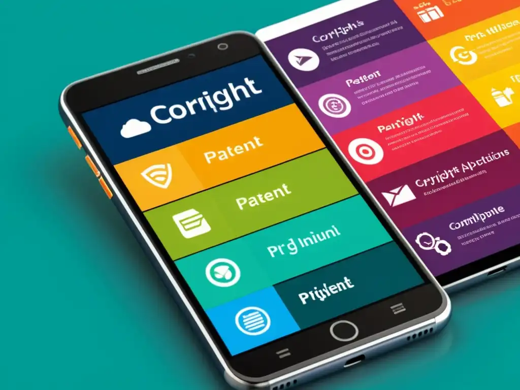 Detalle de pantalla de smartphone con infografía colorida comparando derechos de autor y patentes en aplicaciones móviles