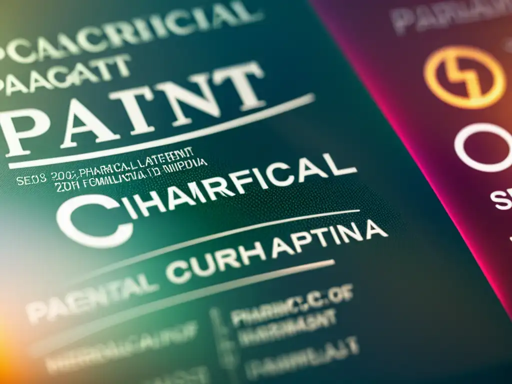 Detalle de patente farmacéutica y derechos de autor entrelazados en un fondo moderno y colorido, simbolizando la compleja intersección legal