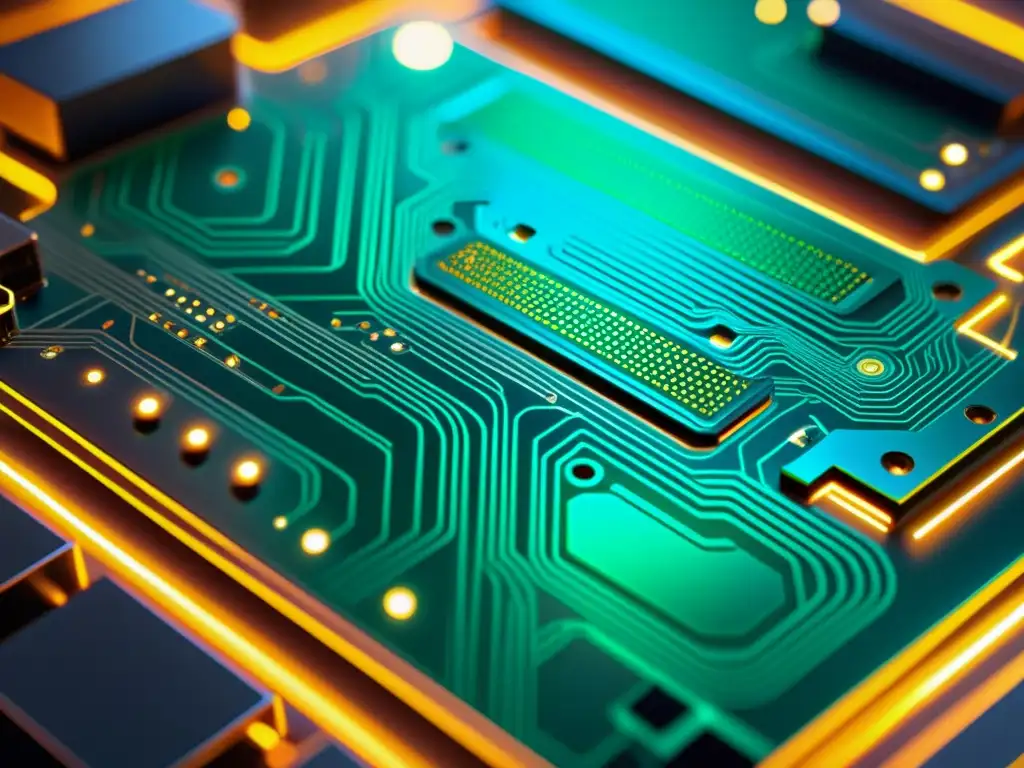 Detalle de una placa de circuito con intrincados patrones y componentes interconectados, bañada en una suave y futurista luz