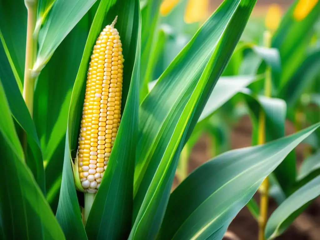 Detalle de plantas de maíz transgénico en campo soleado, resaltando patrones de hojas, colores vibrantes de las mazorcas y tecnología innovadora