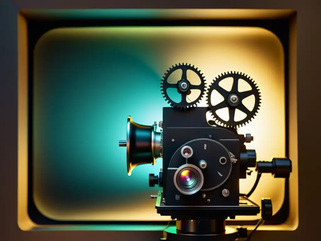 Detalle de proyector de cine vintage iluminando una pantalla en blanco, evocando nostalgia y artística cinematográfica