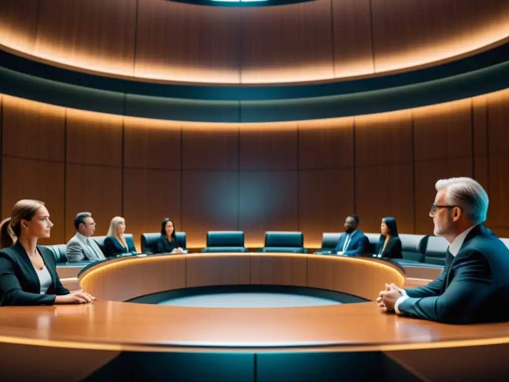 Detalle de una sala de juicio futurista en 8k, con expresiones intensas en el análisis competencia litigio patentes