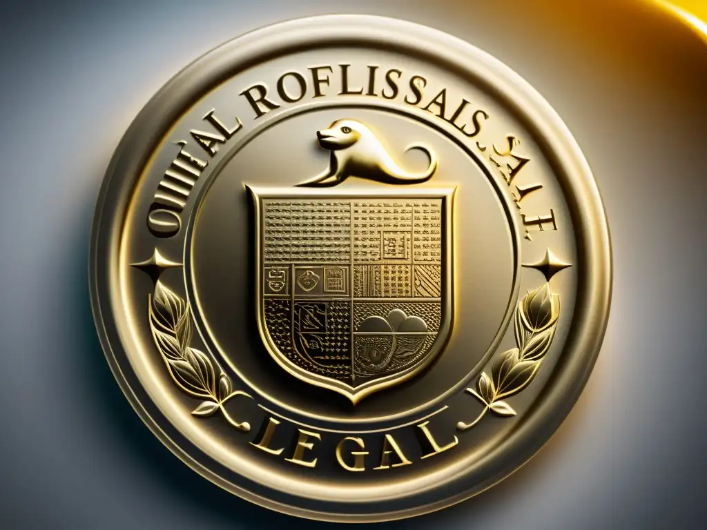 Detalle de sello dorado con símbolos legales, reflejando autoridad y profesionalismo de la licencia de marca beneficios negocio