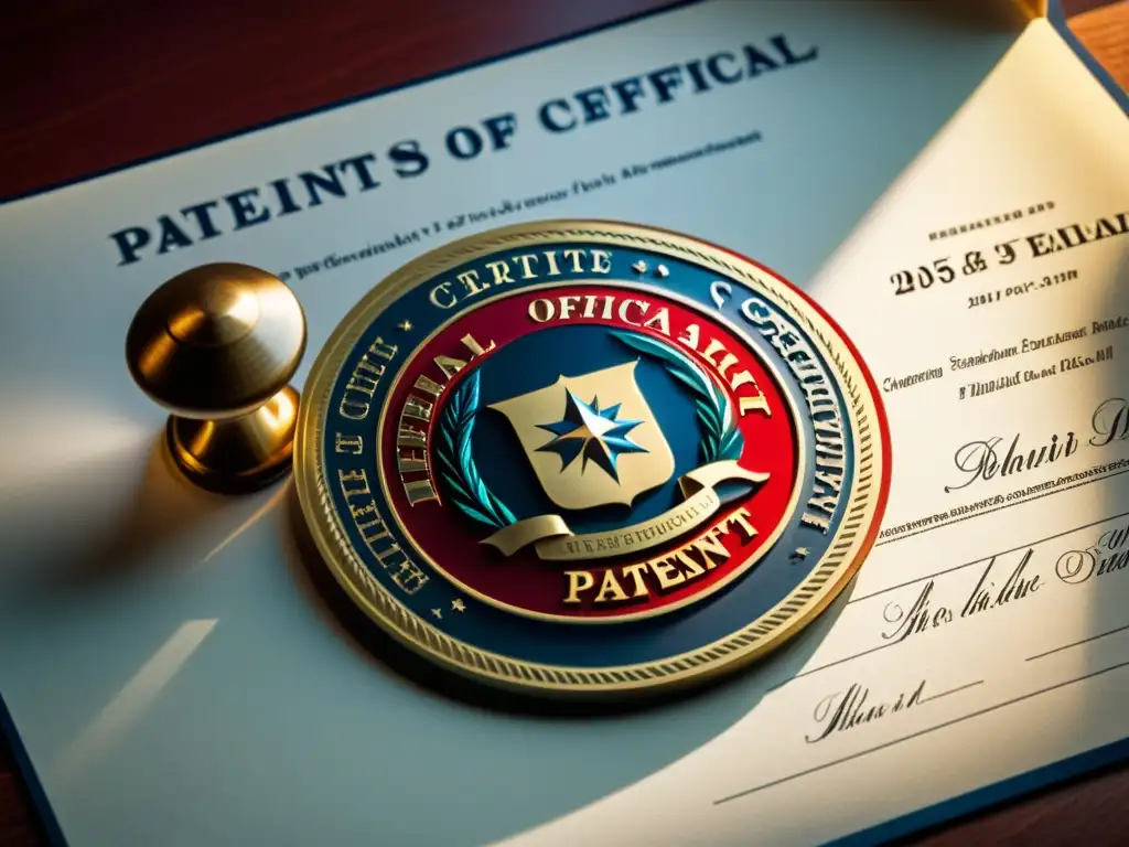 Detalle de sello oficial estampando certificado de patente con colores vibrantes