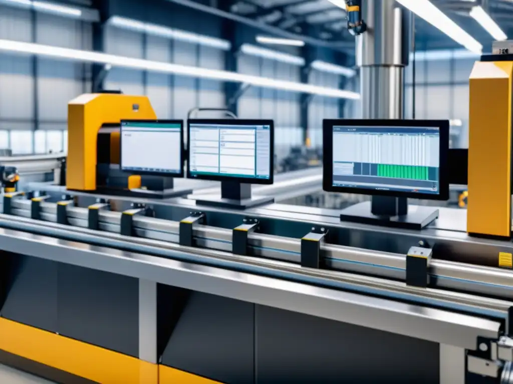Detalle 8k de sistema de automatización industrial moderno con brazos robóticos y cintas transportadoras, resaltando la integración de licencias de software en la operación de maquinaria