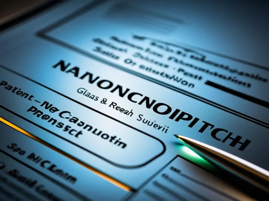 Detalle de solicitud de patente en nanotecnología con diagramas detallados y notación científica, rodeada de equipo de laboratorio futurista