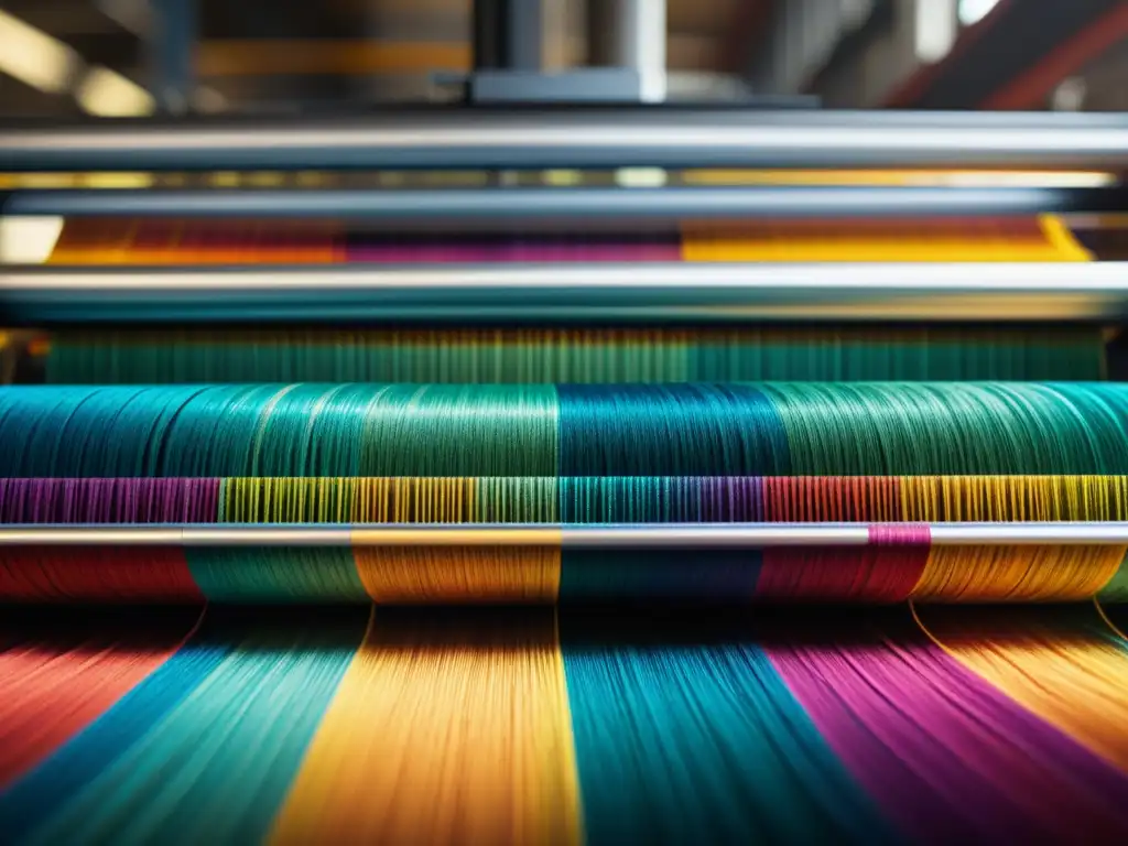 Detalle de tejido industrial con vibrantes colores y patrón intrincado, mostrando la artesanía y precisión en la industria textil