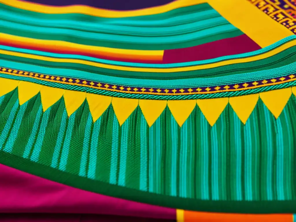 Detalle de tejido intrincado con colores vibrantes, resaltando la artesanía y creatividad en diseño textil