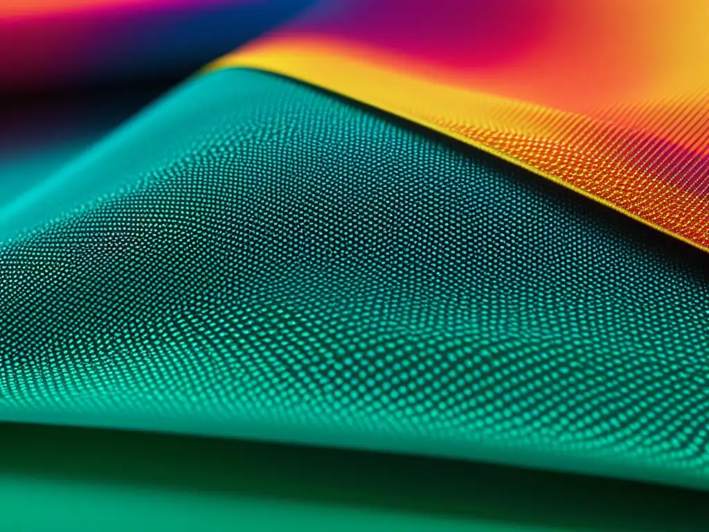Detalle de tela sostenible digitalmente fabricada con patrones intrincados y colores vibrantes, examinada bajo microscopio