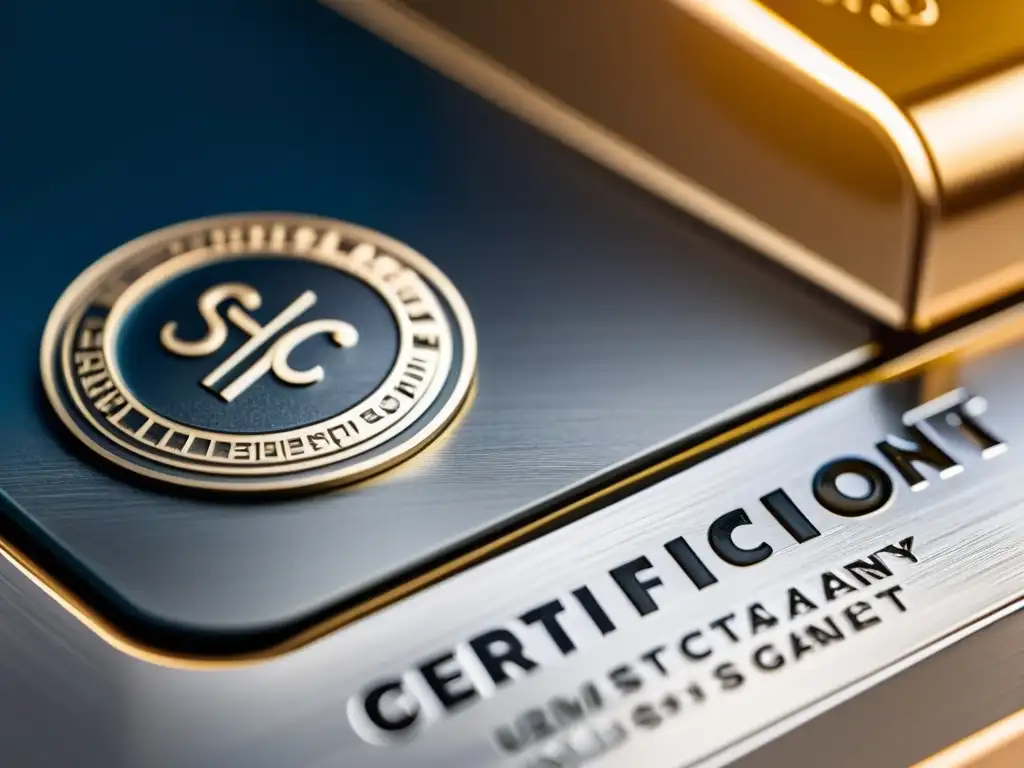 Detalle ultradeado de estampa de marca de certificación en un producto, resaltando precisión y calidad en gestión de marcas de certificación