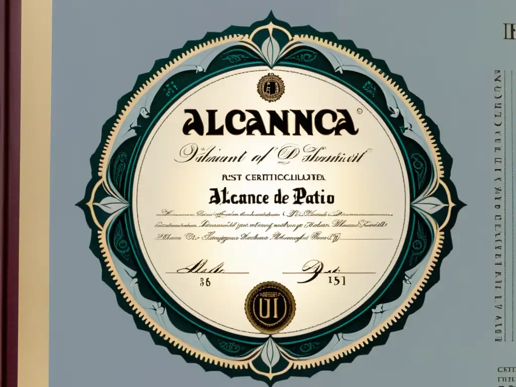 Detalle ultradetallado de un certificado de patente con diseño ornamental, sello oficial y título 'Alcance y Vigencia de Patentes' en caligrafía elegante