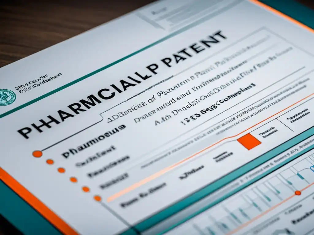 Detalle ultradetallado de un documento de patente farmacéutica, con diseño moderno y sofisticado