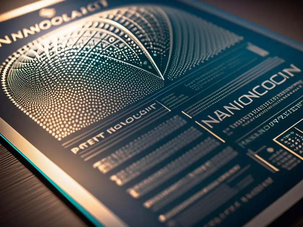 Detalle ultradetallado de un documento de patente de nanotecnología, con patrones intrincados y letra menuda, resaltado por iluminación futurista