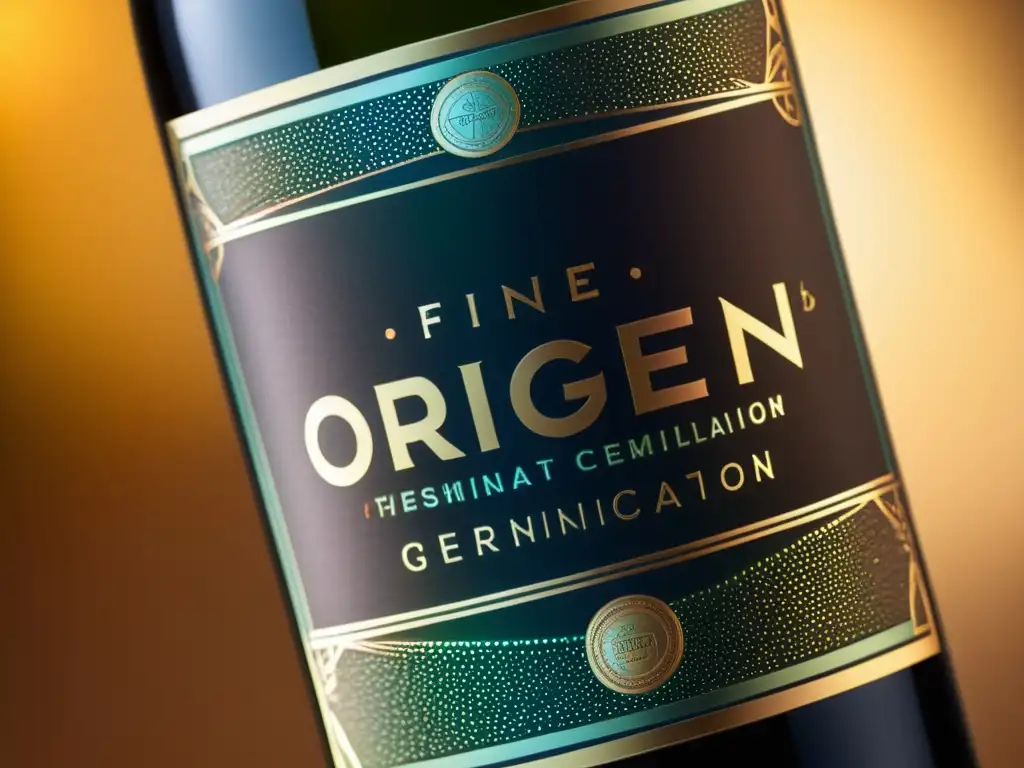 Etiqueta de vino con certificación de origen: detalle moderno y sofisticado Detalle ultradetallado de etiqueta de vino con certificación de denominación de origen