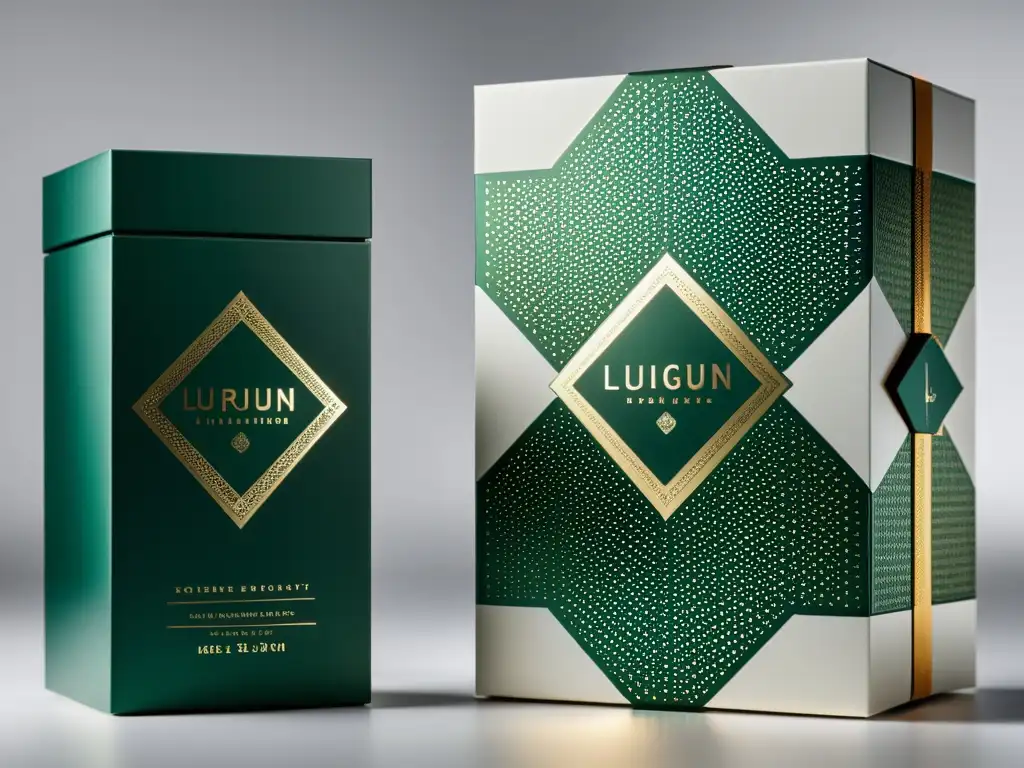 Detalle ultradetallado de un packaging moderno y elegante con patrones geométricos y acabado mate, proyectando sofisticación y lujo