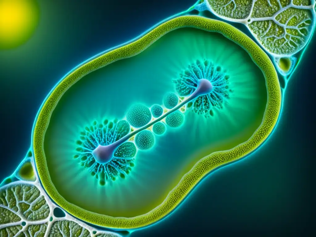 Detalle ultrafino de una célula vegetal genéticamente modificada, con patrones y estructuras intrincadas en la pared celular, núcleo y cloroplastos