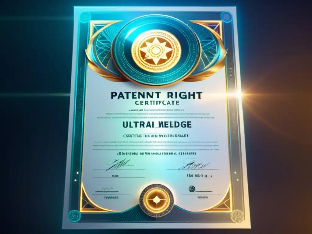 Detalle ultramoderno de un certificado de patente metálico con patrones geométricos y elementos holográficos, simbolizando la exclusividad en el alcance y vigencia de patentes en la era digital