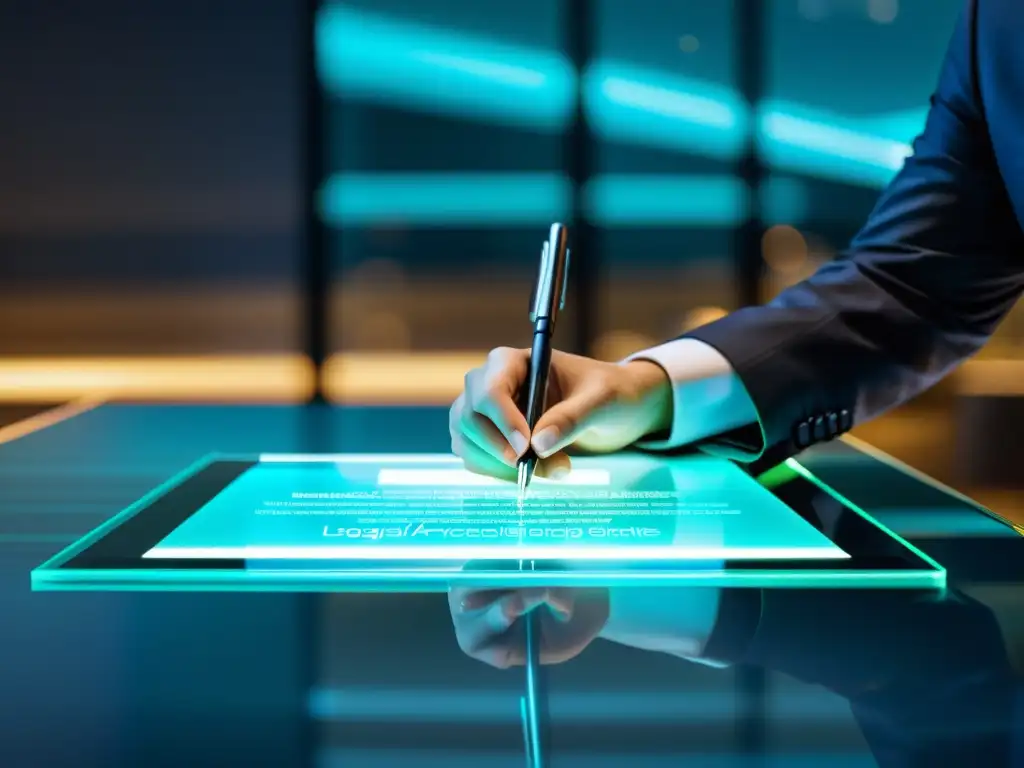 Firma digital de contrato en mesa de cristal Detalle ultramoderno de firma de contrato digital en mesa de cristal