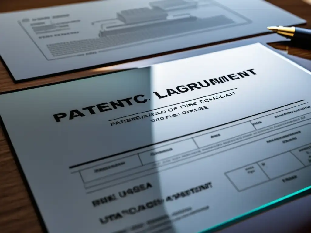 Detalle ultrapreciso de documento de patente en moderno escritorio, reflejando ambiente de oficina