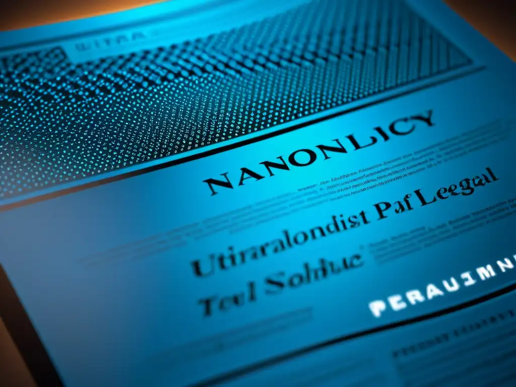 Detalle ultrapreciso de un documento de patente de nanotecnología, iluminado con luz azul, transmitiendo un ambiente tecnológico y profesional