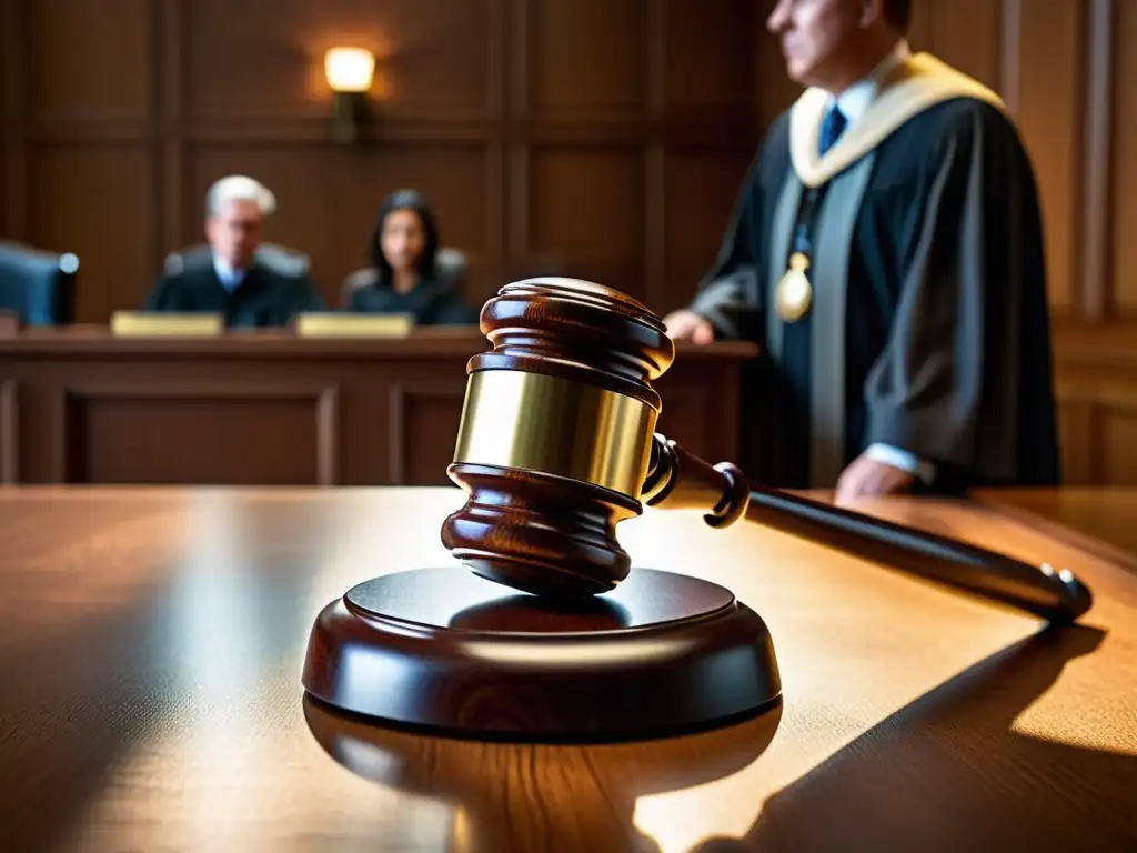 Detalle ultrarrealista de un mazo de juez golpeando el bloque, con solemnidad y dramatismo