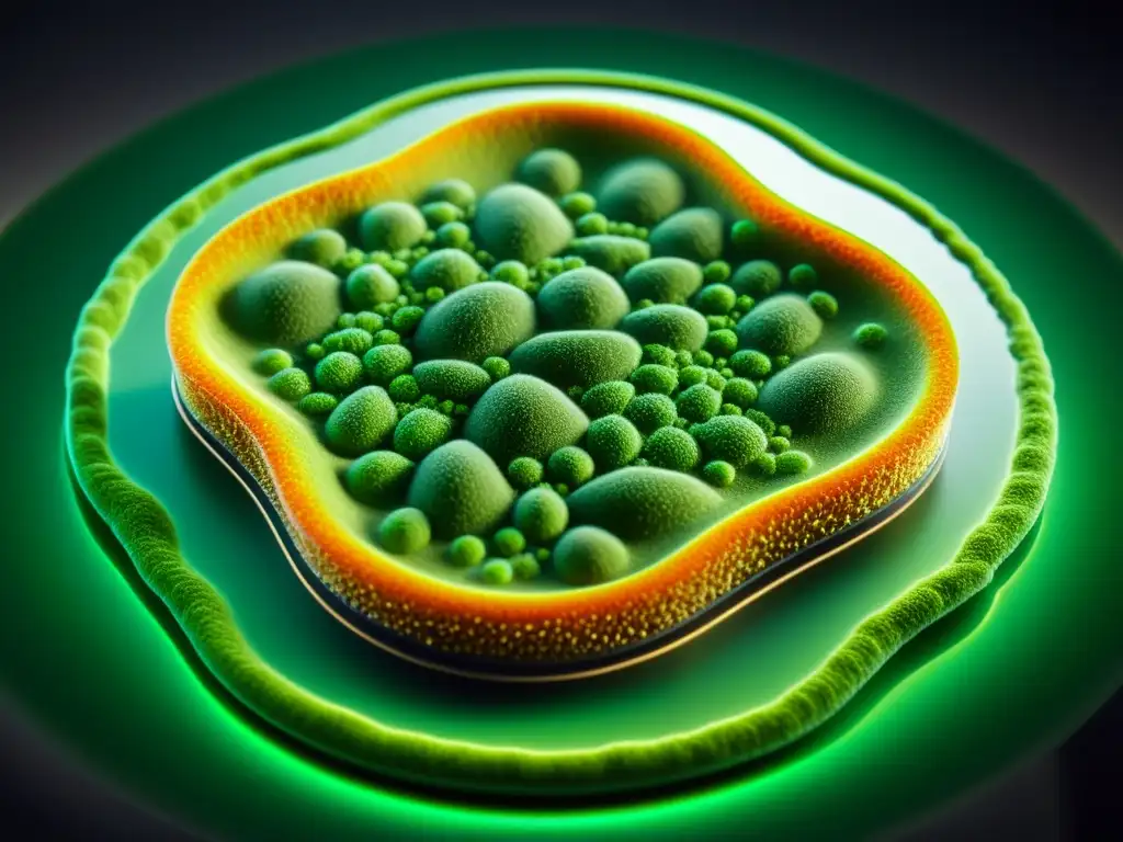 Detalle de célula vegetal modificada genéticamente, con cloroplastos verdes vibrantes, ADN intrincado y herramientas nanotecnológicas, ejemplificando avances de vanguardia en biotecnología y complejidades en límites legales de patentabilidad en este campo