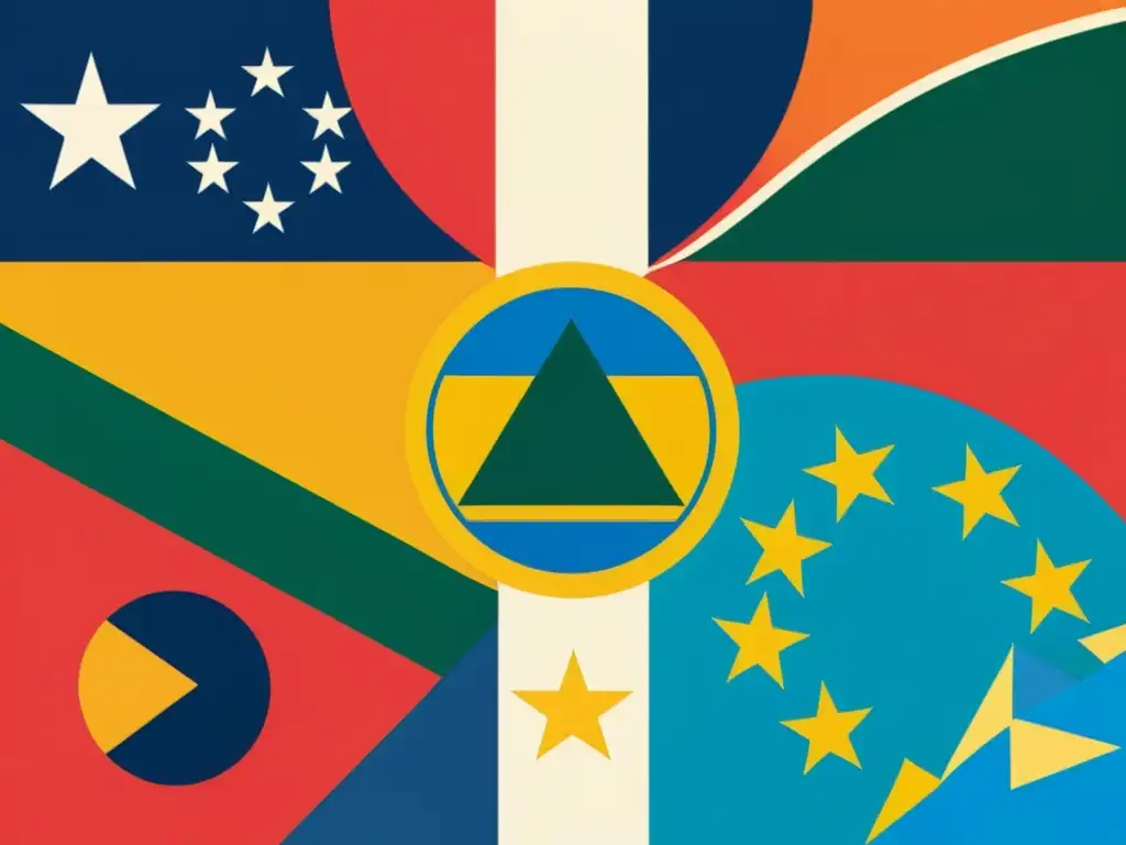 Detalle vibrante: banderas MERCOSUR entrelazadas con símbolos de propiedad intelectual