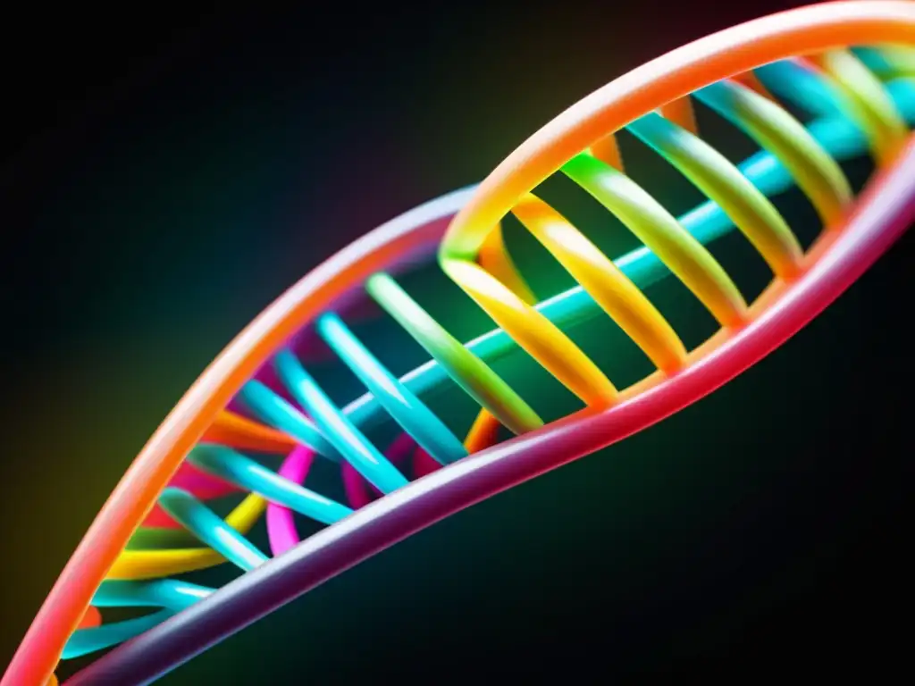 Detalle vibrante de doble hélice de ADN en neon, contra fondo oscuro, representando la ética en patentes de material genético
