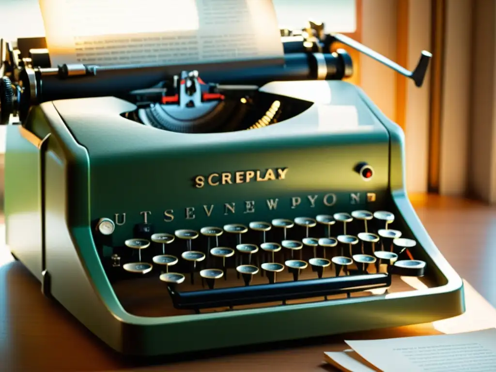 Detalles nítidos de una vieja máquina de escribir con pilas de guiones, bañados en cálida luz natural