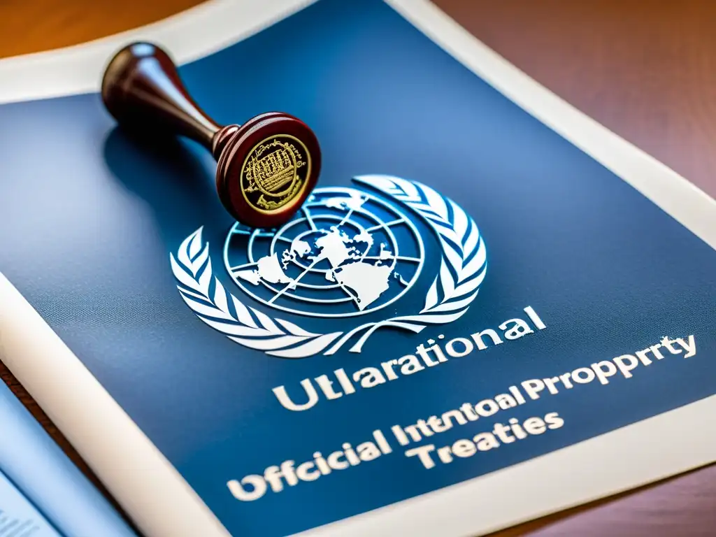 Detalles ultradetallados de tratados internacionales legislación propiedad intelectual en una sala de conferencias de alta tecnología