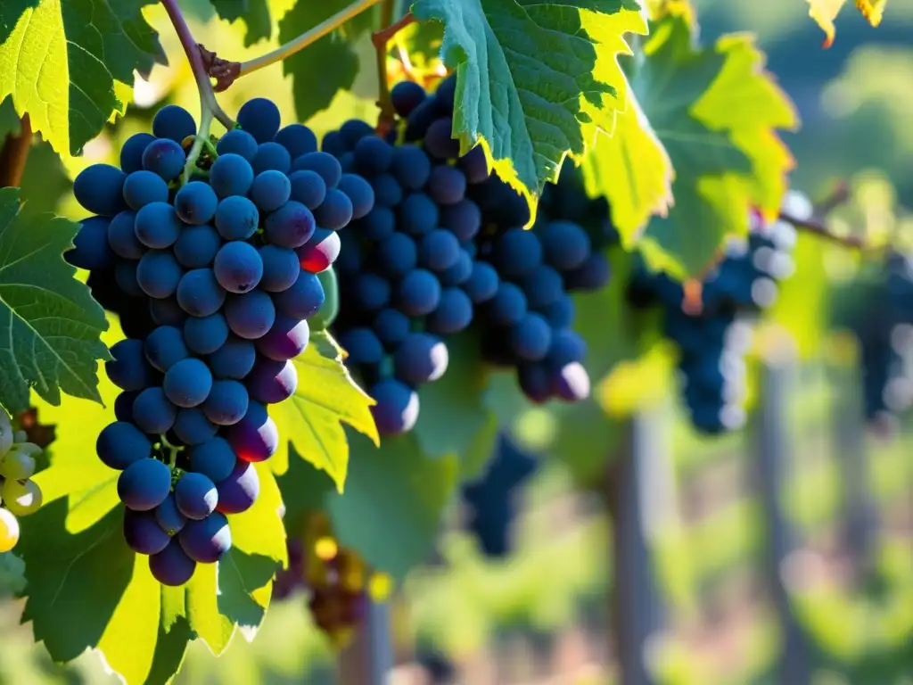 Viñedos en flor: Detalles vívidos de uvas y hojas resplandecientes Detalles de vides y racimos de uva en un viñedo, desafiando la protección de denominaciones de origen en el mercado global