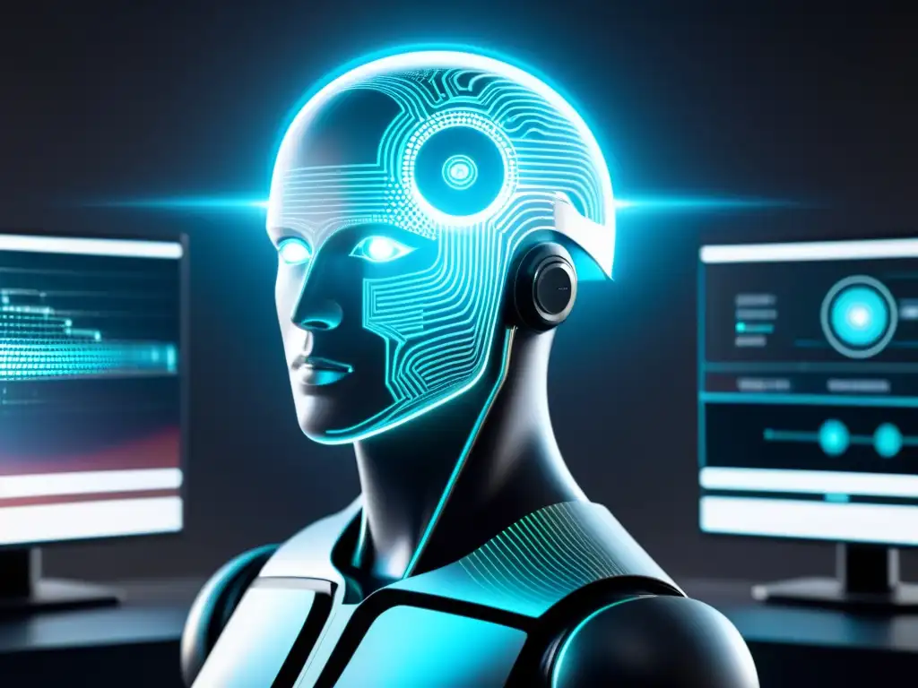 IA futurista detectando infracciones de copyright Detección de infracciones de derechos de autor con IA: Representación visual de un avanzado sistema de inteligencia artificial analizando contenido digital para detectar infracciones, con hologramas brillantes y visualización de datos sofisticada