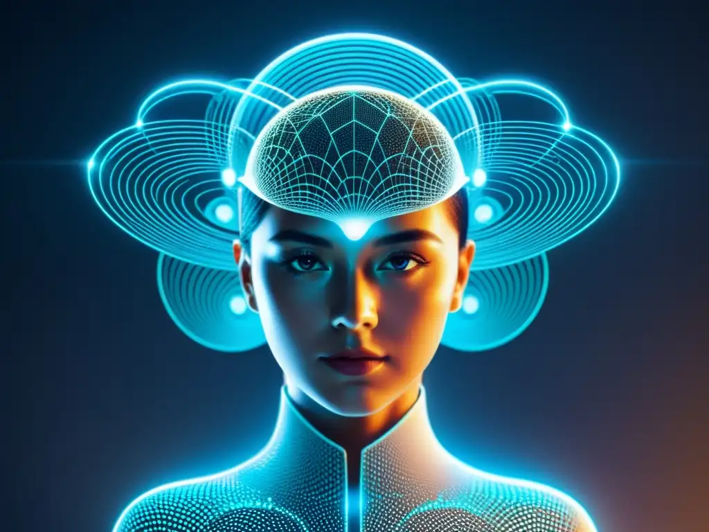 Escaneo holográfico de IA: protección de derechos de autor Detección de infracciones de derechos de autor con IA: Una entidad luminosa y sofisticada escanea y identifica infracciones en contenido digital, con patrones de datos fluyendo en el aire y un diseño minimalista futurista