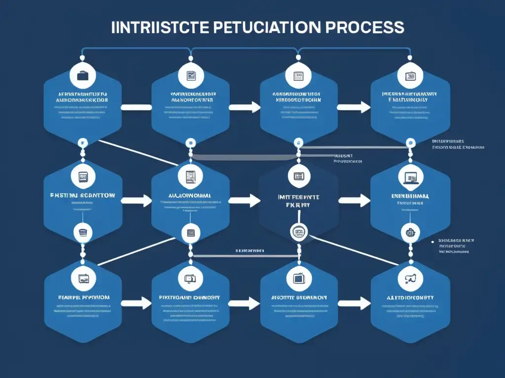 Un diagrama futurista de gestión de patentes en automatización, con nodos interconectados y un diseño minimalista en tonos de azul y plateado