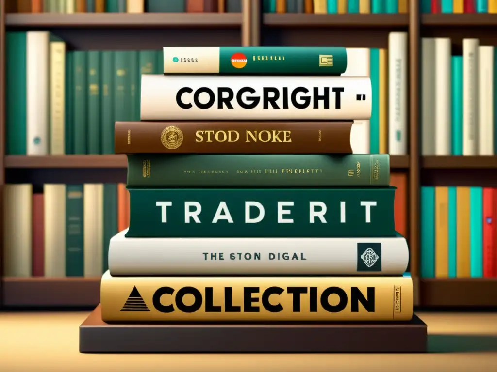 Diferencias entre derechos de autor y marcas: Escala con libros y logos, simbolizando el equilibrio en el paisaje digital